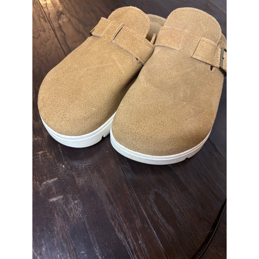 Project Cloud Benton Chunky Suede Clogs Tan Platform Buckle Mules Women 10